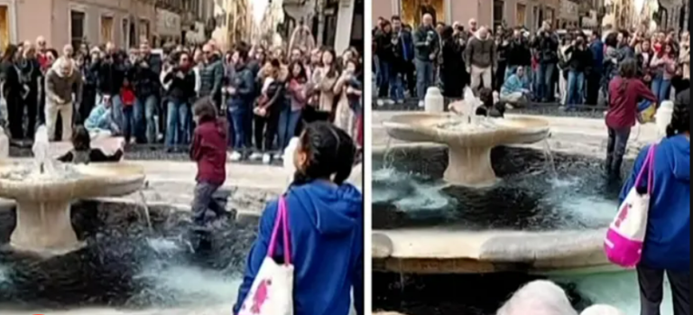 Climate activists pour black liquid into Rome fountain