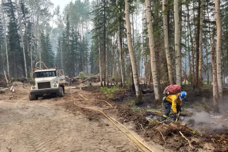 A firefighter works on a control line on the southeast side of the Basset fire near the Paddle Prairie Metis Settlement in Alberta, Canada [Reuters