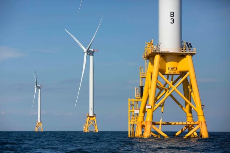 This photo from 2016 shows offshore wind turbines near Block Island, R.I. The Biden administration on Tuesday approved a large offshore wind energy project to be built off the coast of New Jersey, which faces local opposition. (Michael Dwyer/AP)