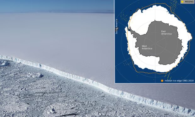 Antarctica’s sea ice reaches its peak in September each year but this year’s maximum was about 1m sq km below the previous record low in 1986. Composite: Mario Tama/Getty/University of Colorado Boulder